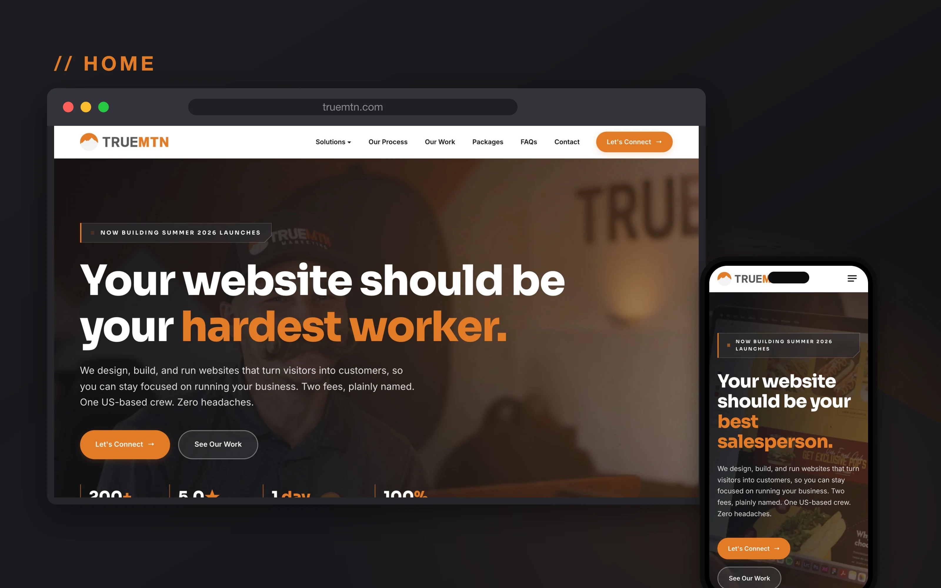 The new True Mtn homepage shown in a desktop browser and on a phone