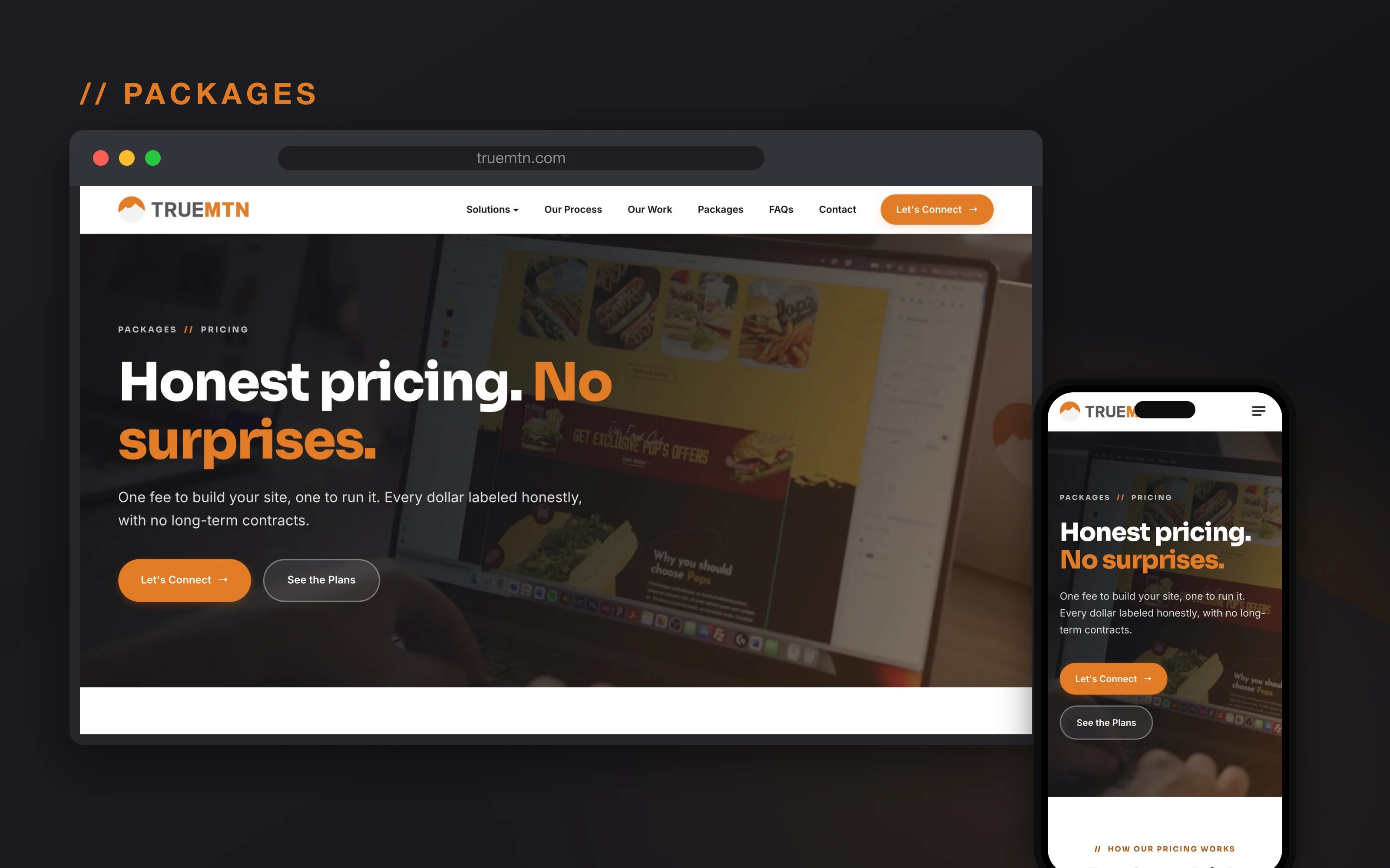 The True Mtn packages and pricing page shown on desktop and mobile