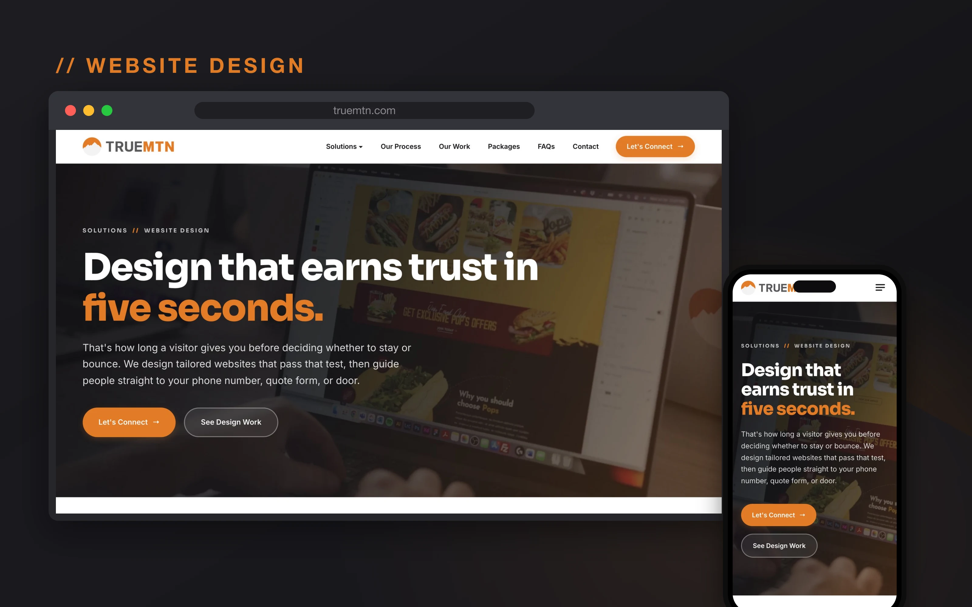 A True Mtn website design solutions page shown on desktop and mobile