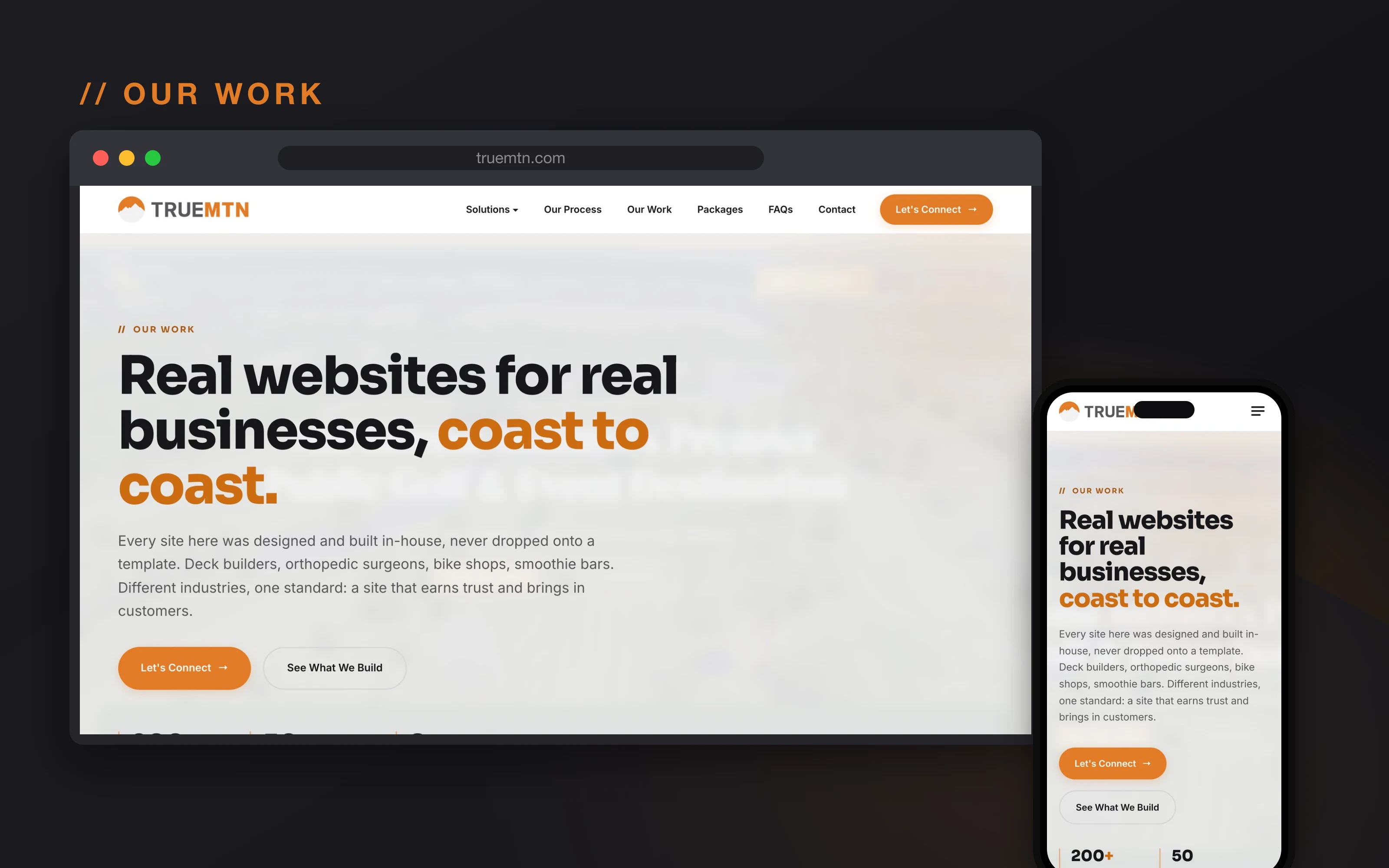 The True Mtn Our Work portfolio page shown on desktop and mobile