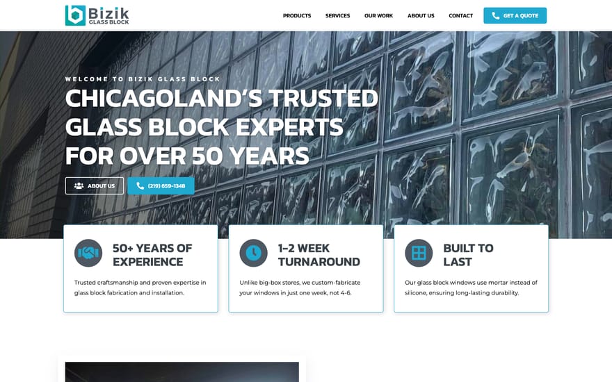 Bizik Glass Block website designed by True Mtn